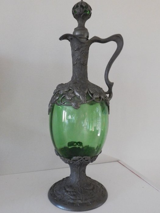 Ewer pewter and glass: art nouveau: signed