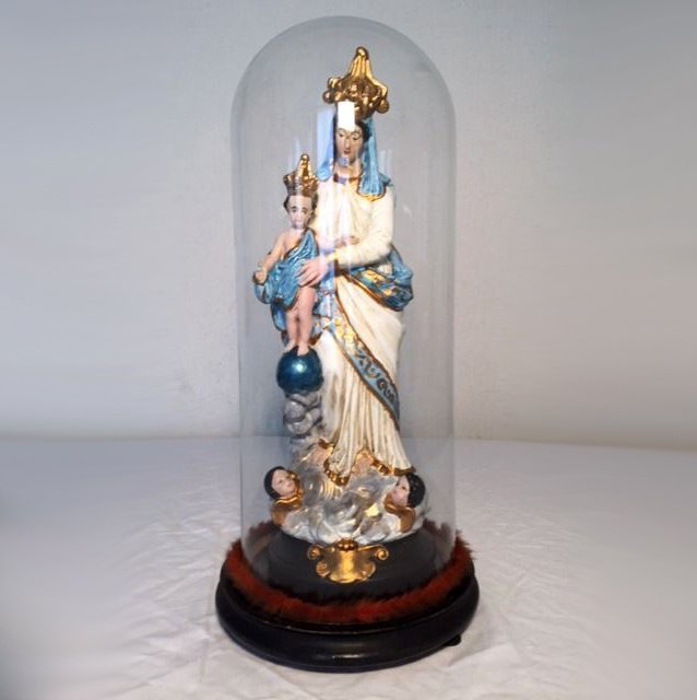 Hermosa estatua antigua grande de María bajo campana de vidrio jarra - Madera, Vidrio, Yeso