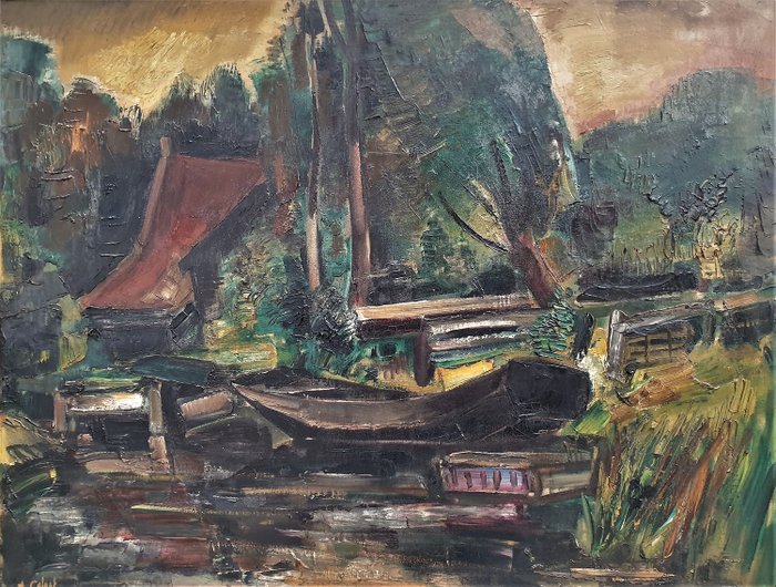 Arnout Colnot (1887-1983) - "Boerderij tussen bomen aan waterkant met steiger en boot"