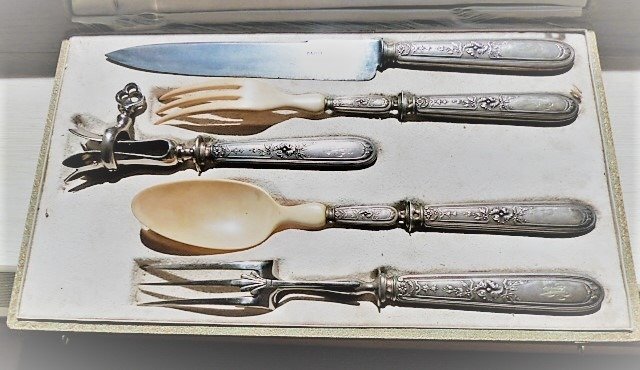 Talheres de corte e salada e suporte para coxa de frango - LXVI-Style - .800 prata, metal - baquelite branca - França - Final do século XIX