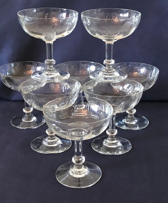 Francuski Vintage Champagne Coupes Champgne Okulary 8 osób - Kryształ