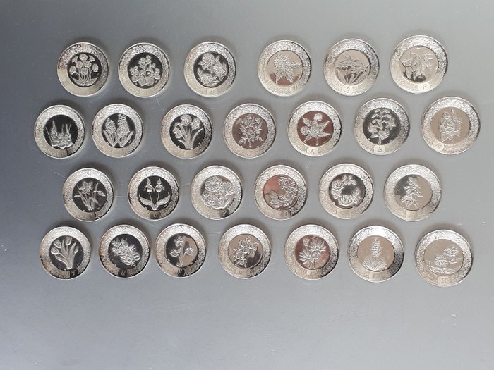 Franklin Mint - Kompletna kolekcja kwiatowy alfabet, kwiatowy alfabet - Srebro pr. 915