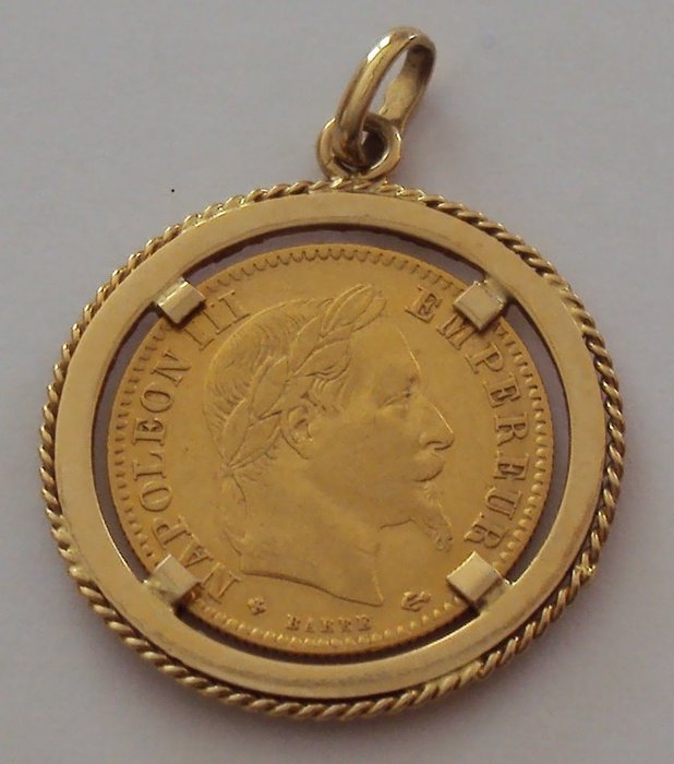 18 kraat Guld - Stykke på 10 franc OR NAPOLEON III 1863 monteret på vedhæng
