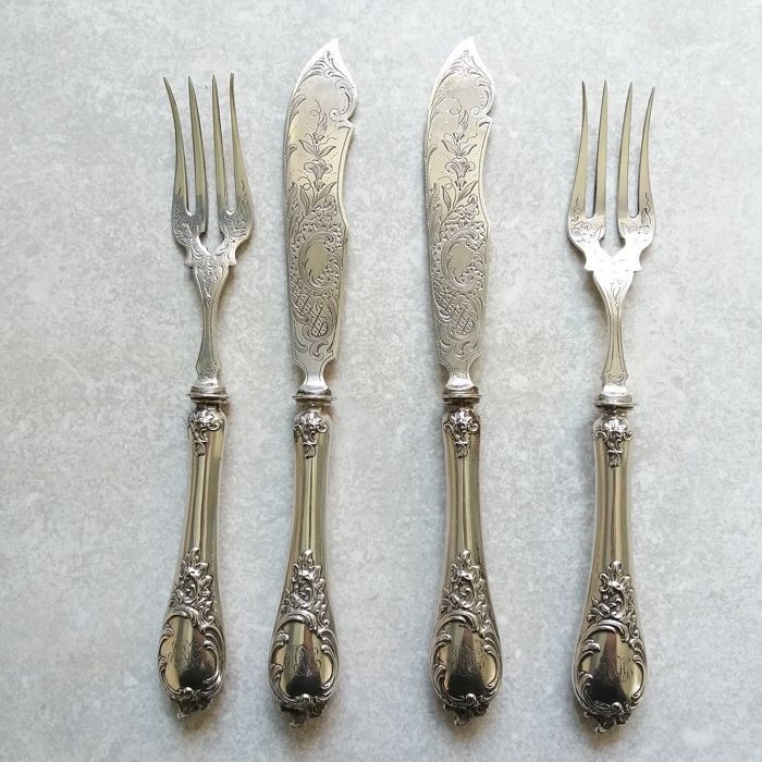 Trusă de pește din argint Jugendstil din 4 piese - .800 argint - Bruckmann & Söhne te Heilbronn - Germania - Early 20th century