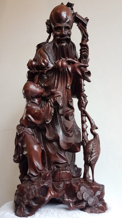 Sculpture (1) - hardwood - Shoulao - God of Longevity Prosperety  - China - Early 20th century
