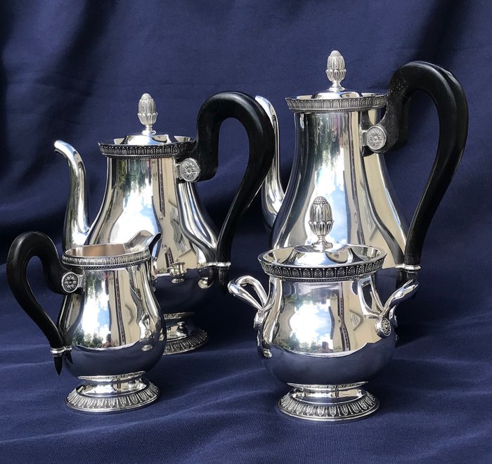 French Christofle Malmaison Tea and Coffee Service 4 Pieces Collection Gallia - Ebony, Silverplate - France - First half 20th century