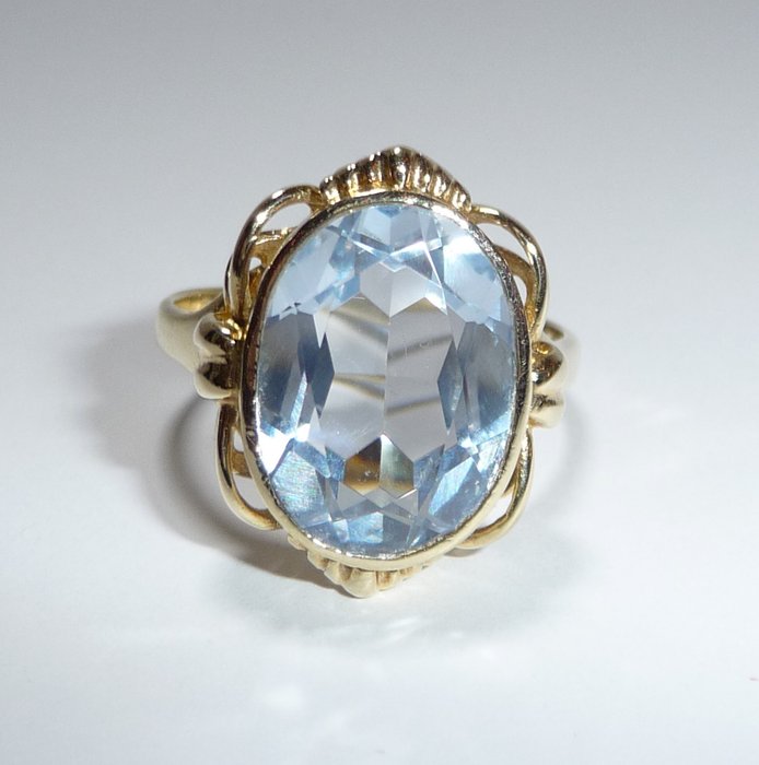 15 克拉 金色 - 古董手工 - , 戒指 4.5克拉海藍寶石清澈透明