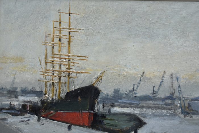 René - Marie Dujardin (1913-2002)  - Zeilboot  in de haven van Antwerpen 