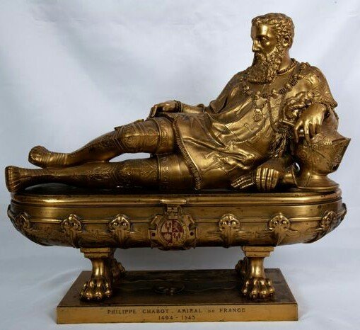 After the Renaissance model attributed to Cousin - Stor statue af graven af den franske admiral Philippe Chabot, Lord Of Brion - Renæssancestil - Bronze, Bronze (patineret) - midten af det 19. århundrede