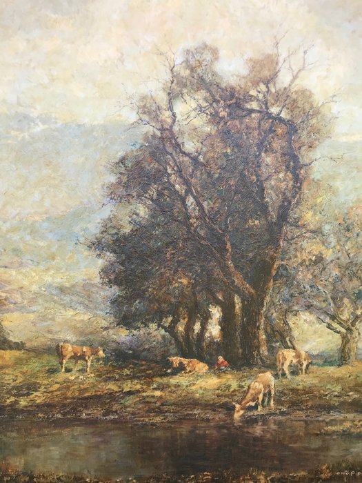 Otto Eduard Pippel (1878-1960) - Romantisch landschap met koeien