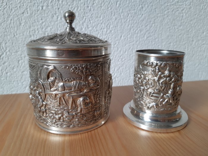 zilveren theebus/lepelbakje (2) - Chapado en plata - Herman Hooijkaas - Países Bajos - 1950-1960