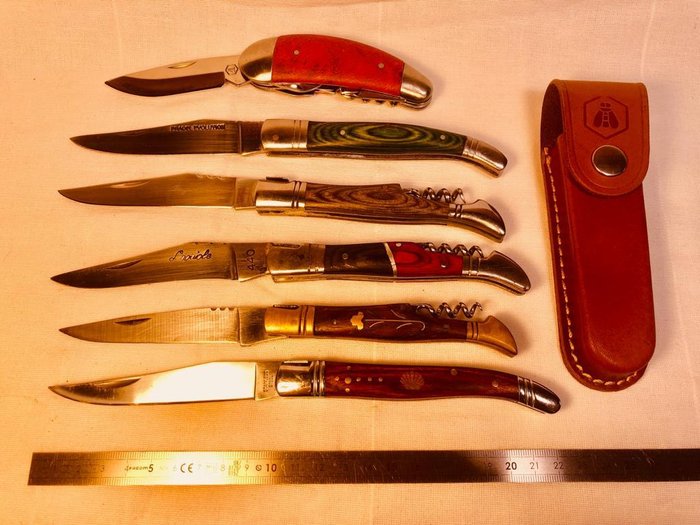 法国 - Laguiole & Pradel/L' Eclair/440 - Lot 6X Different styles - Leather Sheath - Hande Made, Pocket Knife