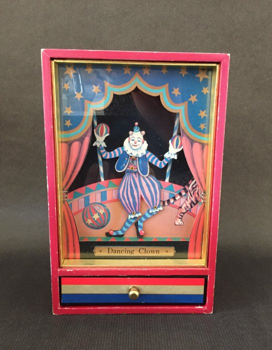 Vintage music box dancing clown Ikecho Japan (1) - Cardboard, Glass, Paper