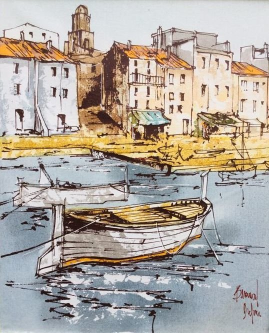 Bernard Dufour - (1922- 2016 )  - Barques à quai