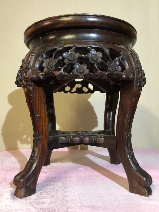 Kruk, Tafel (1) - Hout, Marmer - Chinees krukje - China - 1900-1920
