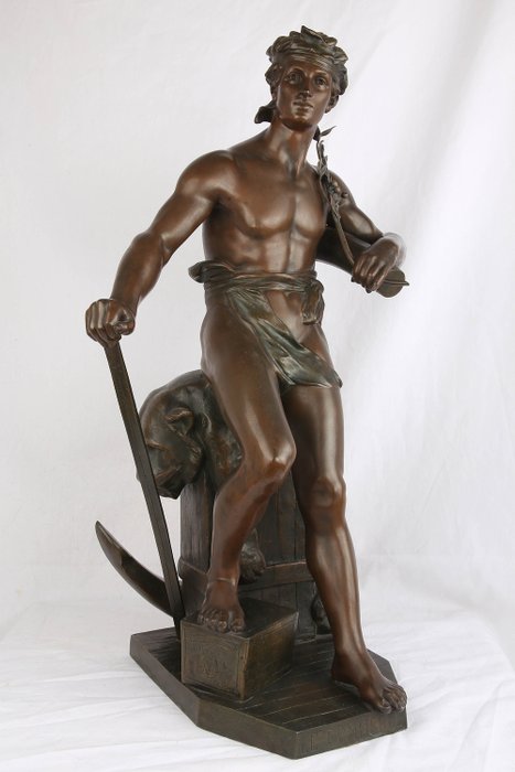 Ernest-Justin Ferrand (1846-1932) - "Le commerce" - eine athletische, halbnackte männliche Figur mit Anker und Löwenfell, Skulptur - Rohzink - um 1900