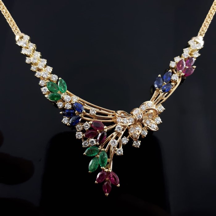 18 kt Gelbgold - Vintage Ladys Halskette mit - 2.10 ct Diamant - Rubin, Saphir, Smaragd