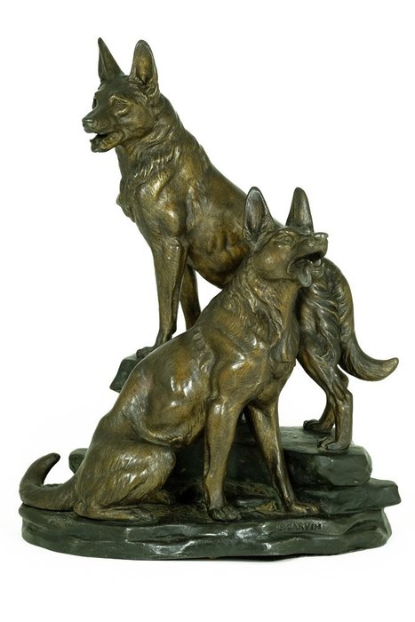 Louis-Albert Carvin (1875-1951) - Sculptuur van twee herdershonden op rots - Zamak - ca. 1910