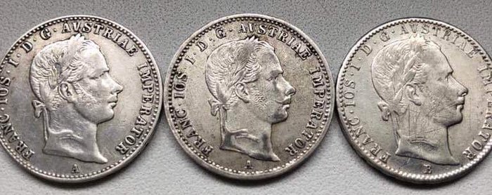Itävalta-Habsburg - 3 x 1/4 Gulden/Florin 1858/1859/1860 Franz Joseph I - Hopea