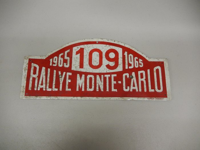 Rekisterikilpi - Vintage Original Manilux - Marseille 1965 Rallye Monte Carlo 109 Race Used Entry Plate Plaque - 1965