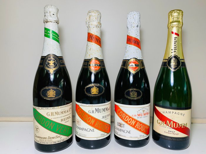 G.H. Mumm Cordon; 1960s Vert & Cordon Rouge 80s, 90s & 00s  - Champagne Brut - 4 Flasker  (0,75 l)