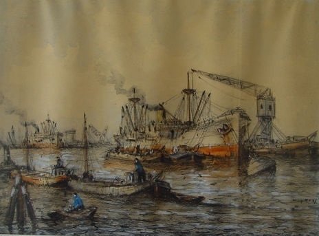 WIM BOS, 1906-1974 - pictura, vedere la portul Rotterdam - mai mulți
