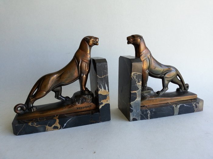Maurice Frecourt - Set of 2 Art Deco bookends with panthers
