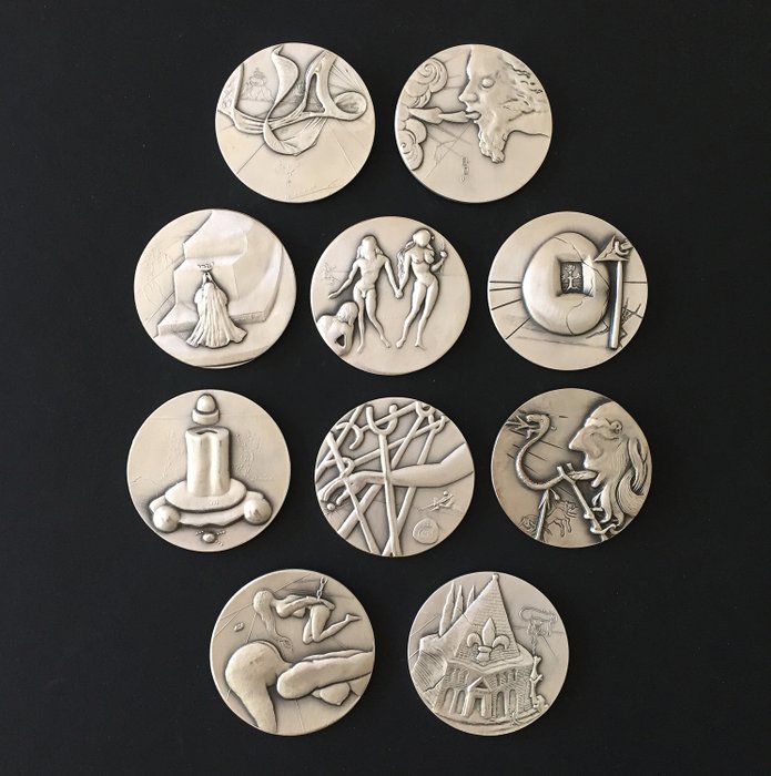 Collezione completa di medaglie "I dieci comandamenti" (dieci comandamenti) (10) - .999 argento - Salvador Dalí - Spagna - Fine XX secolo