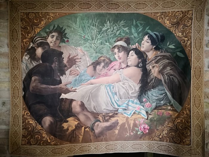 Tapestry, Oleografia- R. Fontana entitled "Aesop tells his fables to the handmaids of Xanto"