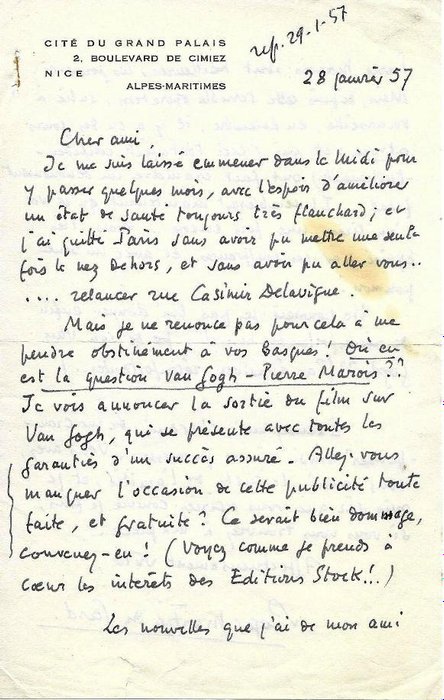 Roger Martin du Gard - Lettre Autographe Signée [à Pierre Marois] - 1957