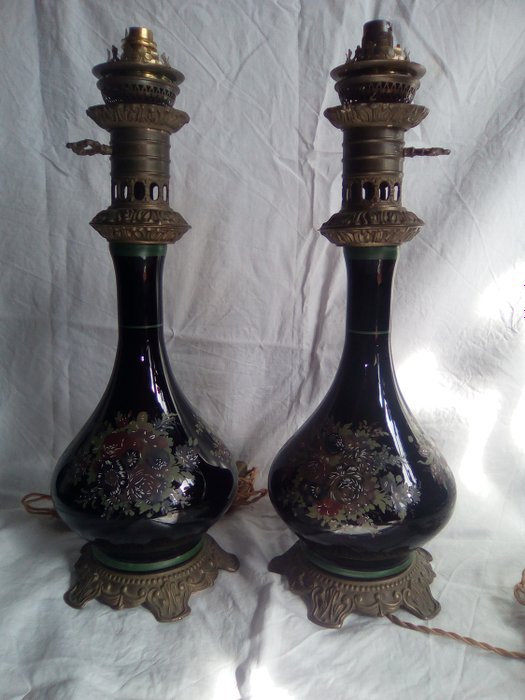 Electrified oil lamps (2) - Napoleon III - Black opaline
