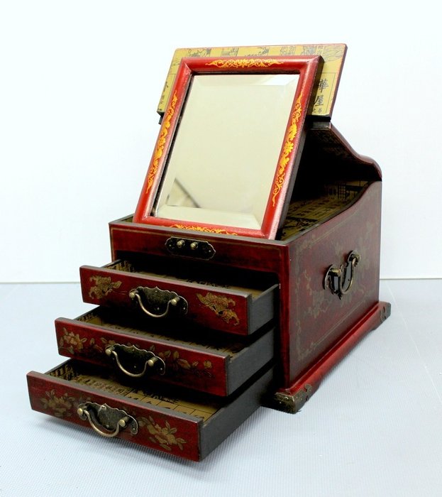 漆鏡首飾盒配鏡子和3個抽屜 - 木 - 中國 - 20世紀下半葉