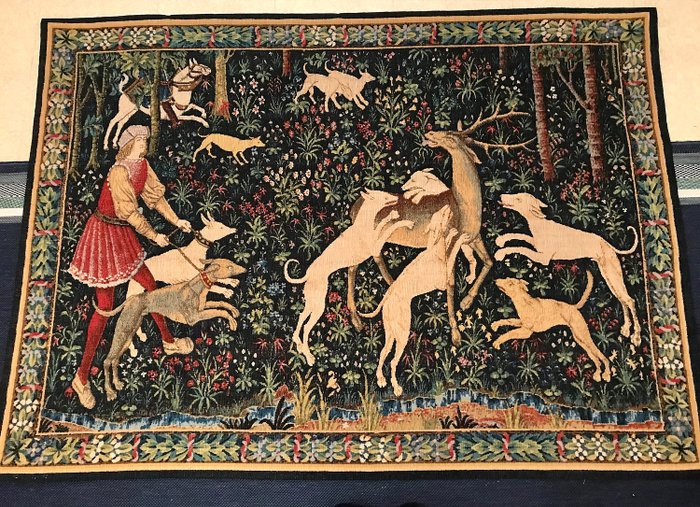 Ancienne gobelin Tapisserie murale AUBUSSON Robert FOUR - Fabricación francesa numerada "Escena de caza" - Algodón, Lana, Lino