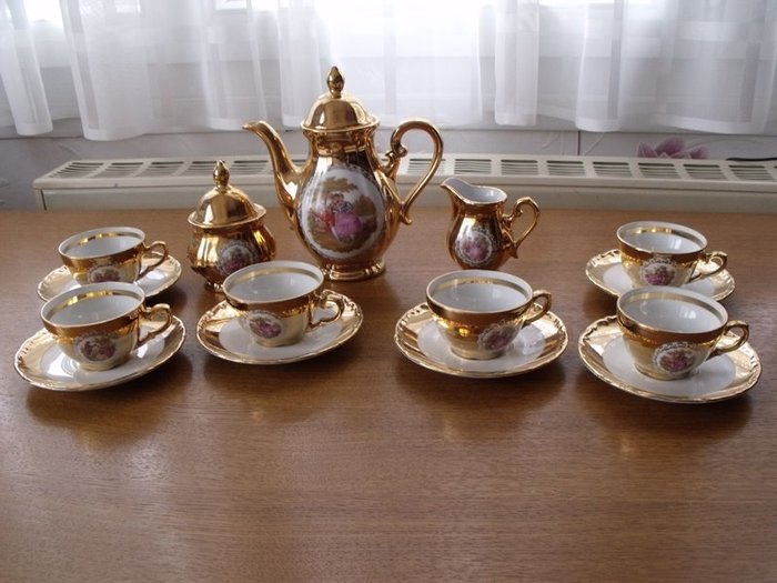 HK Bavaria - mini coffee set gallant scene decor Fragonard style - Fine porcelain gilded with fine gold