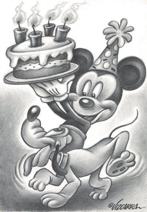 Mickey & Pluto - Happy Birthday - Original Drawing - Joan Vizcarra - Pencil Art