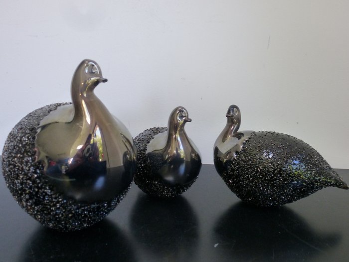 Riihimaki - Jussis Glass - 3 mundgeblasene Glasvögel - vollständig signiert, Figur(en) (3) - Glas
