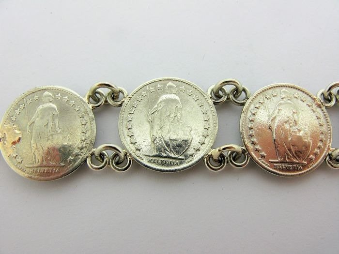 800 Silber - Armband aus 7 Stück 1/2 Schweizer Franken