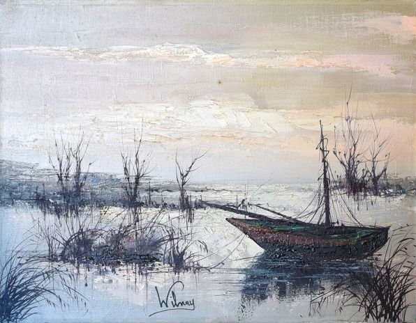Pierre Wilnay - Paysage riviere et barque