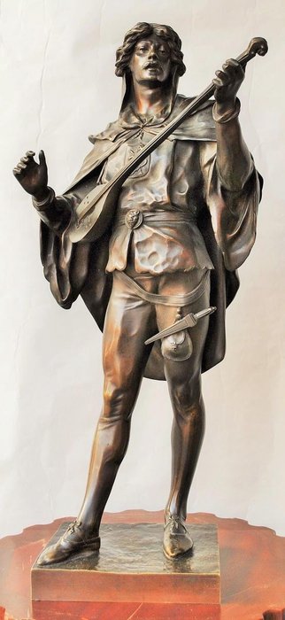 Louis Emile Picault (1833-1915) - 吉他上的吟遊詩人 -  58厘米, 雕像 - 青銅色 - 19世紀末