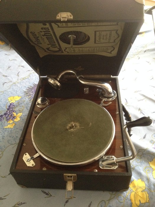 Columbia USA - Portable Gramophone Phonograph (1) - Art Deco - Nickel plated iron - Veneered rosewood type