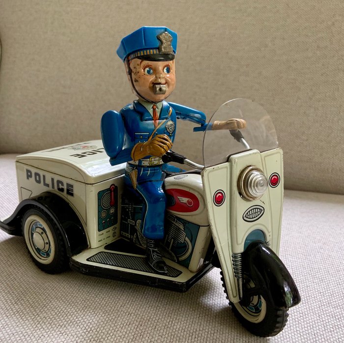 Toy Nomura - Motocicleta / triciclo de la patrulla de la policía de hojalata de los años sesenta, funciona con pilas, 26 cm de longitud - Japón