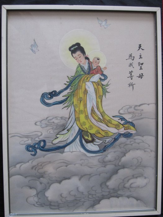 John Lu Hung Nien - Pintura Madonna com criança no céu - seda, tinta, madeira e vidro