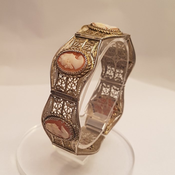 800 Vergoldetes Silber - Antikes filigranes Armband mit Kamee