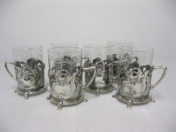 WMF - Sechs Jugendstil Teeglashalter mit original Glaseinsatz