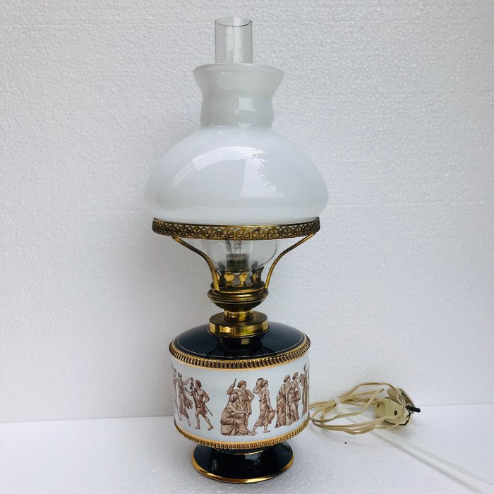 Cobalt Blå florentinsk humør lampe med græsk repræsentation - Forgyldt, Glas, Messing