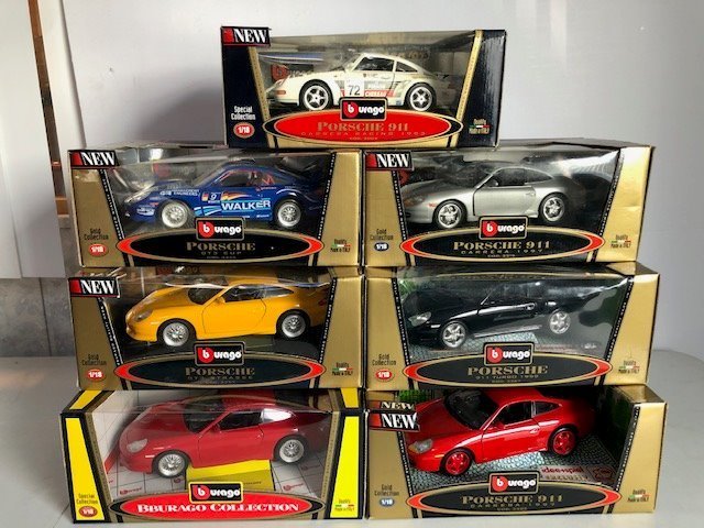 Bburago - 1:18 - 7 x Porsche 911 Carrera/GT3 Set - 3367/3385/3357/3315/3335/3003