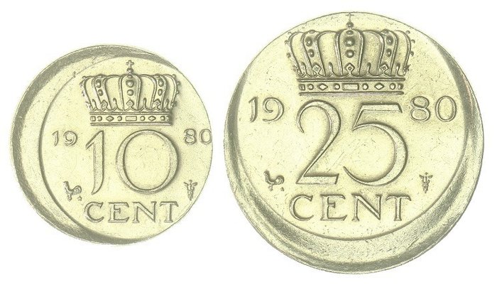 Paesi Bassi - Juliana - Misslag 10 en 25 Cent 1980 decentrisch geslagen - nichel