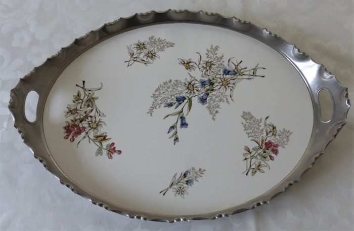Large antique tray with painted tile - Porcelain and metal