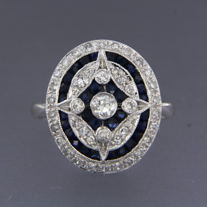 14 kt Weißgold - Ring - 0.50 ct Diamant - Saphir