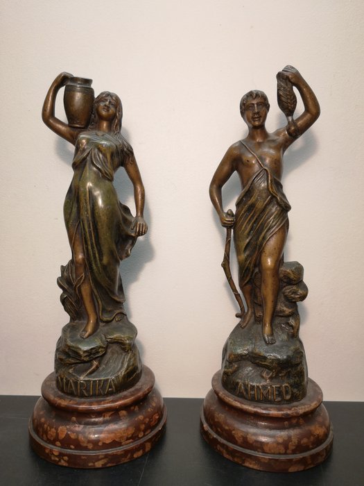 Charles Ruchot (act.1880-1925) - Escultura, "Ahmed" y "Marika" (2) - Zamak, regula - Principios del siglo XX